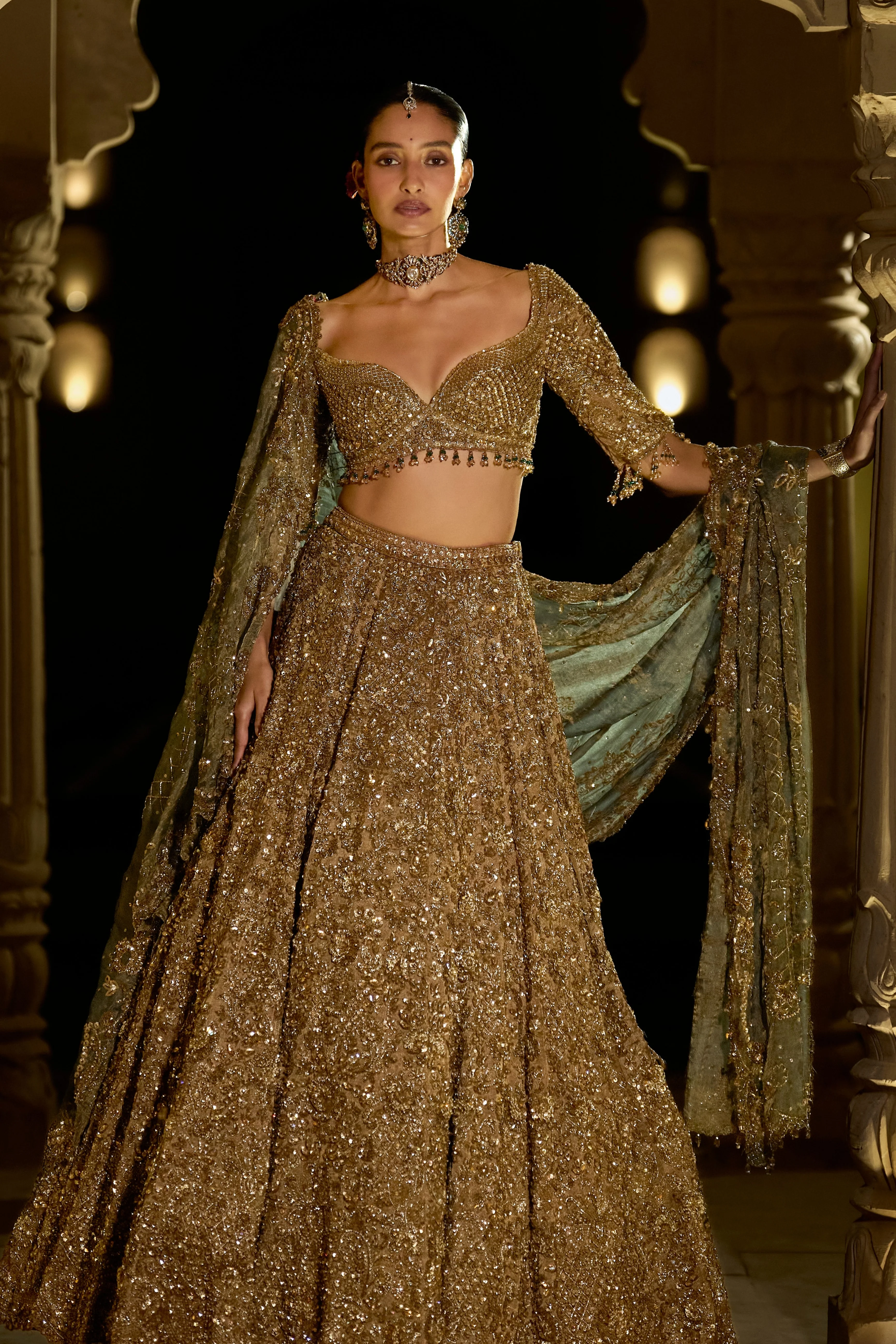 Antique Gold Sequin Lehenga Set - Image 3