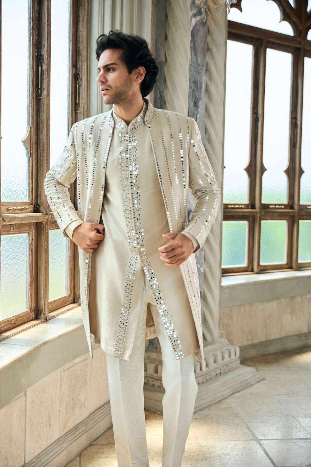 Beige Mirror Work Sherwani Set - Image 2