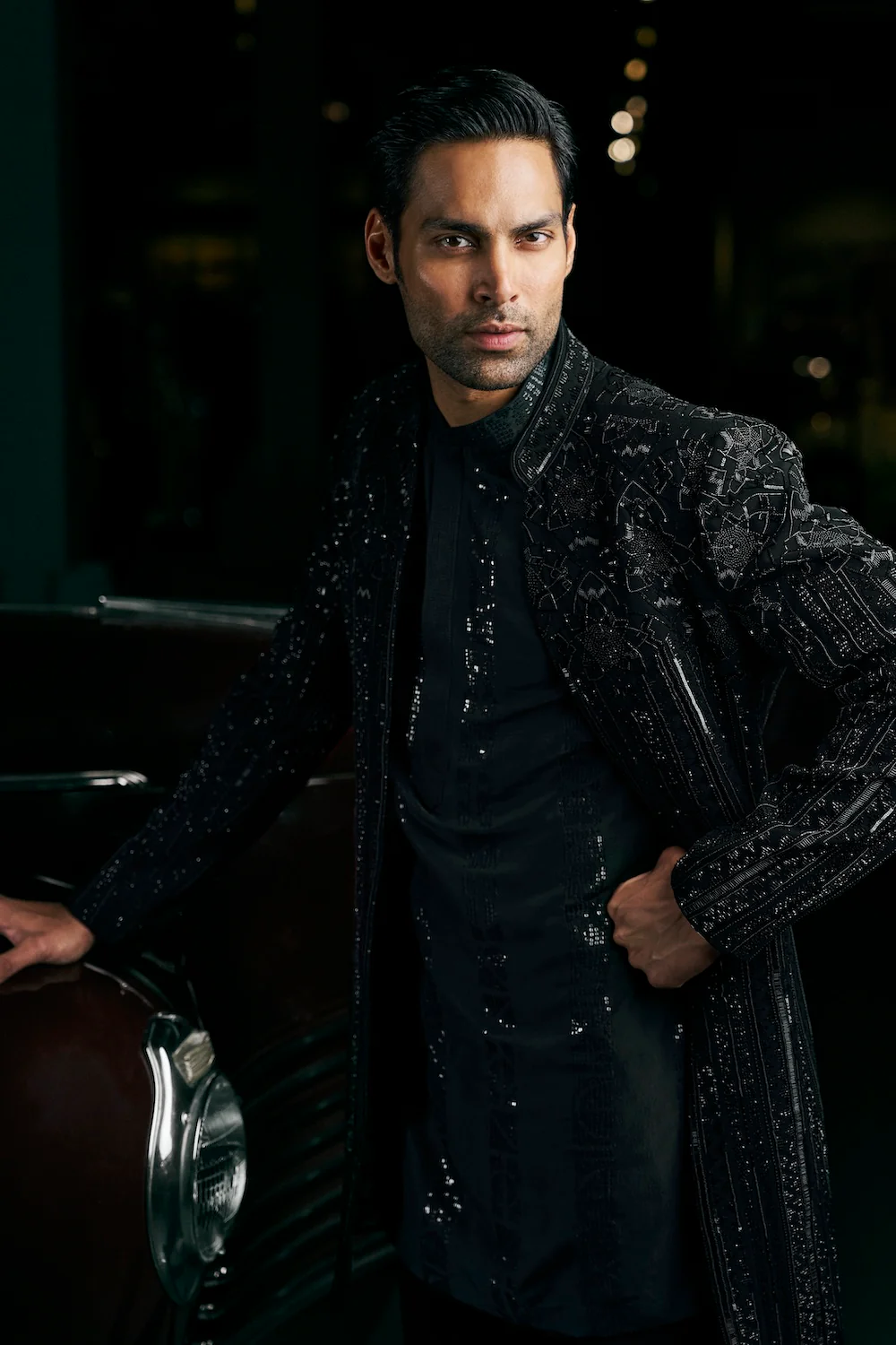 Black Abstract Open Sherwani Set - Image 3