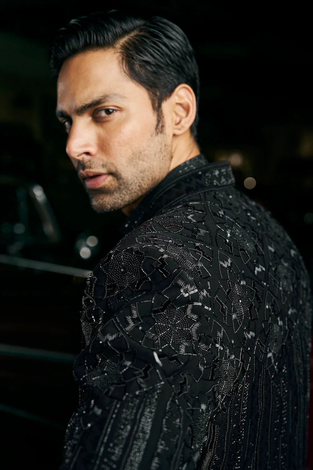 Black Abstract Open Sherwani Set - Image 4