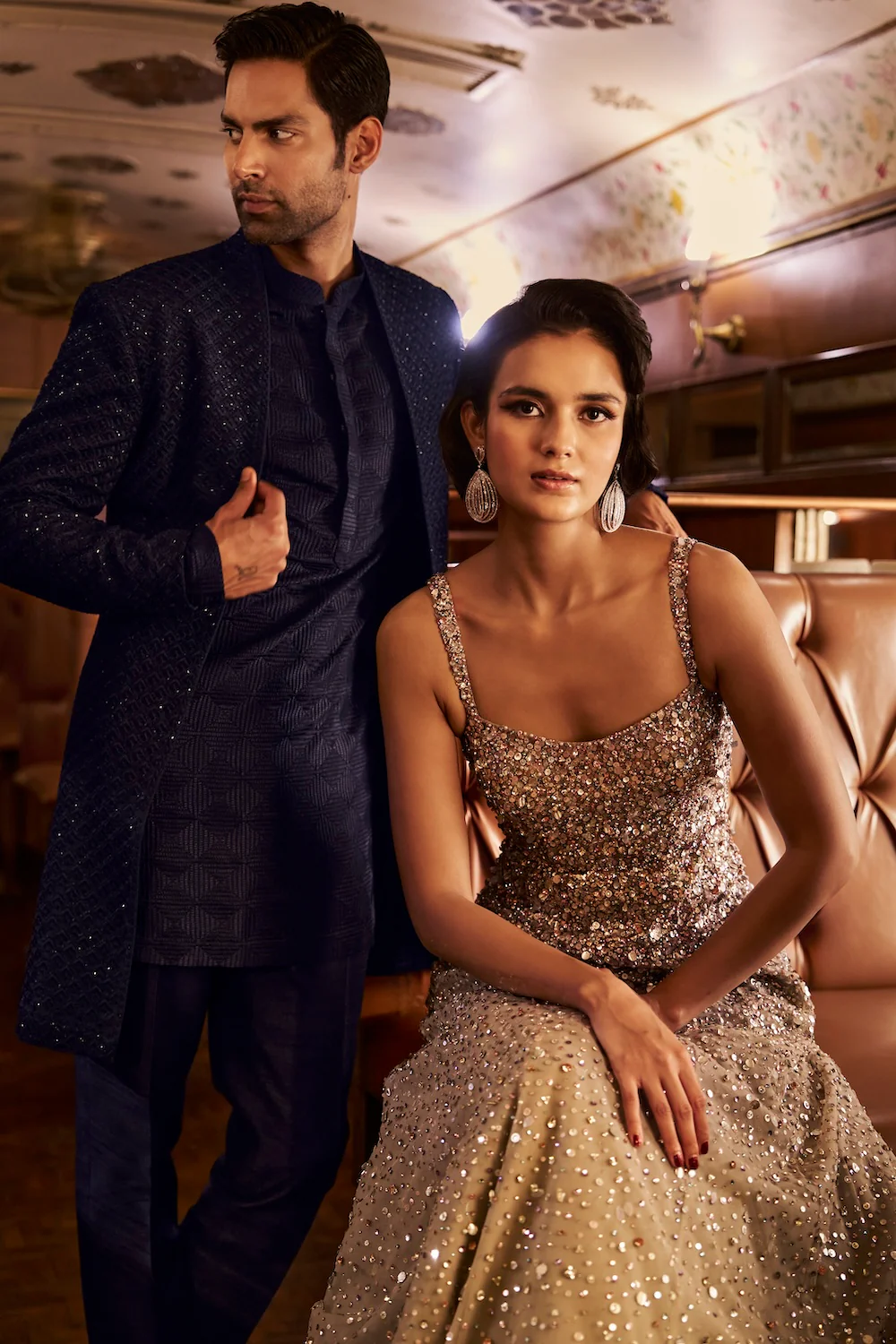 Navy Thread Work Open Sherwani set - Image 3