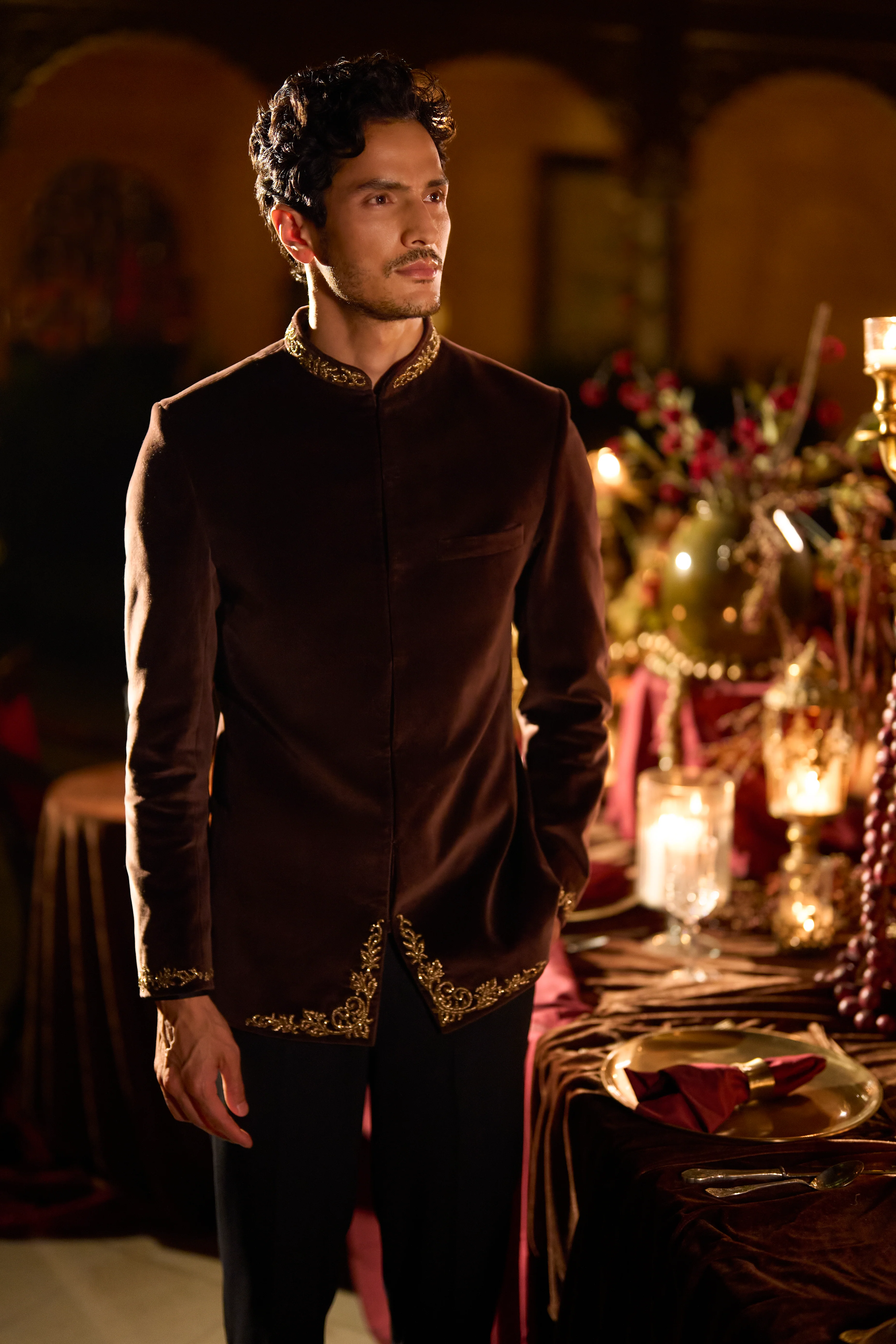 Brown Velvet Bandhgala Set - Image 3