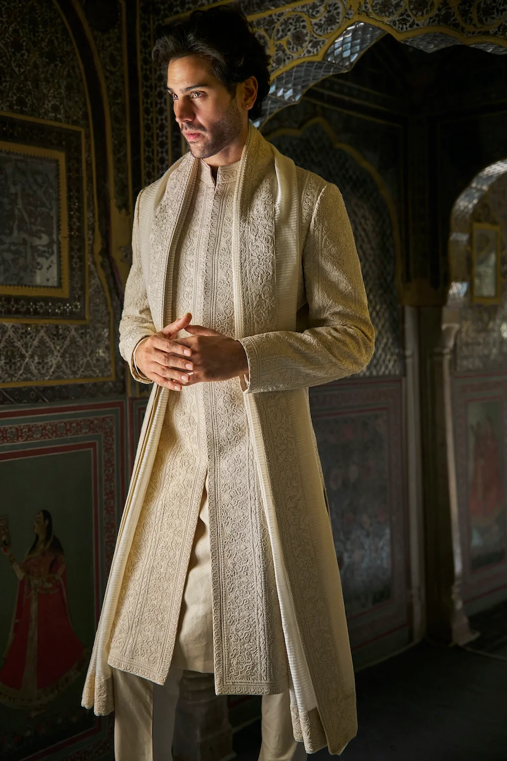 Champagne Thread Work Sherwani Set - Image 3