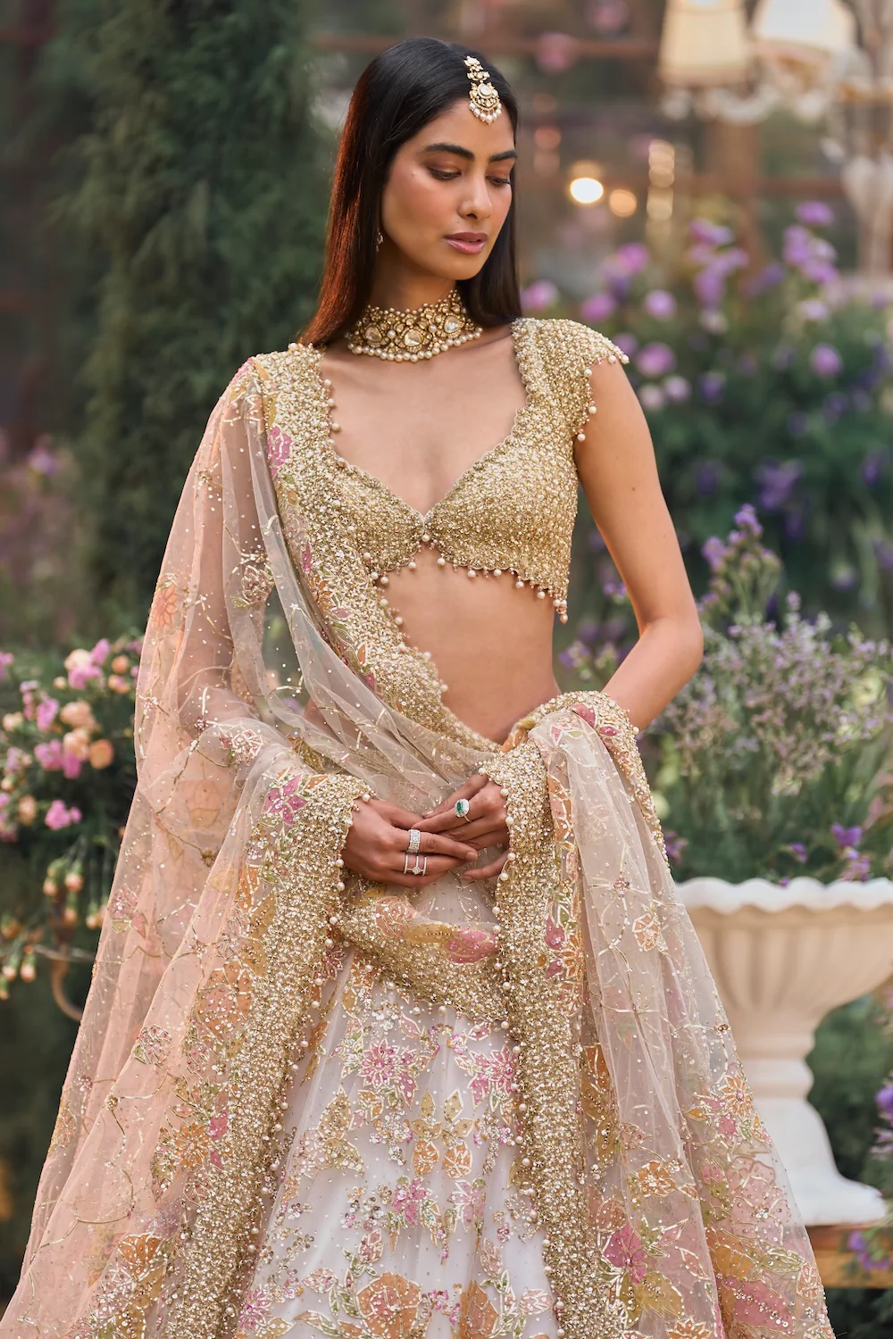 Cream Gold Floral Lehenga Set - Image 3