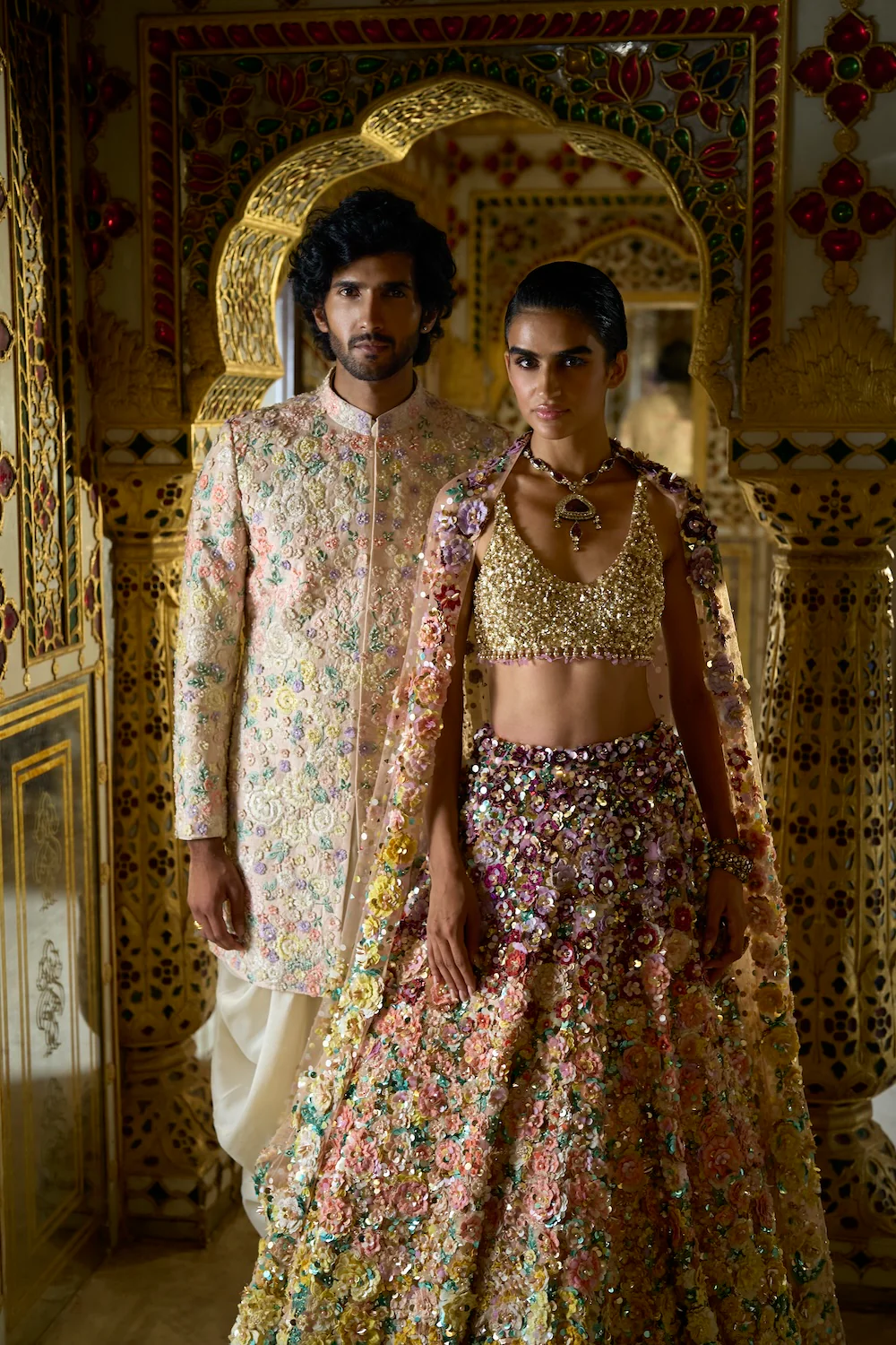 Cream Multi-Coloured Three-Dimensional Sherwani Set - Image 4