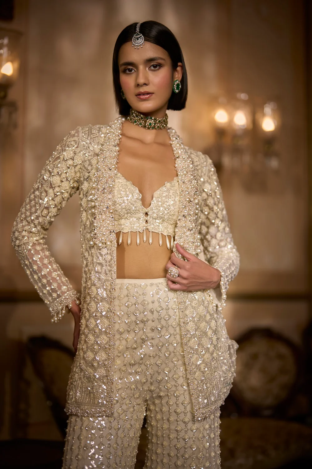 Cream Open Jacket Sharara - Pant Set - Image 2