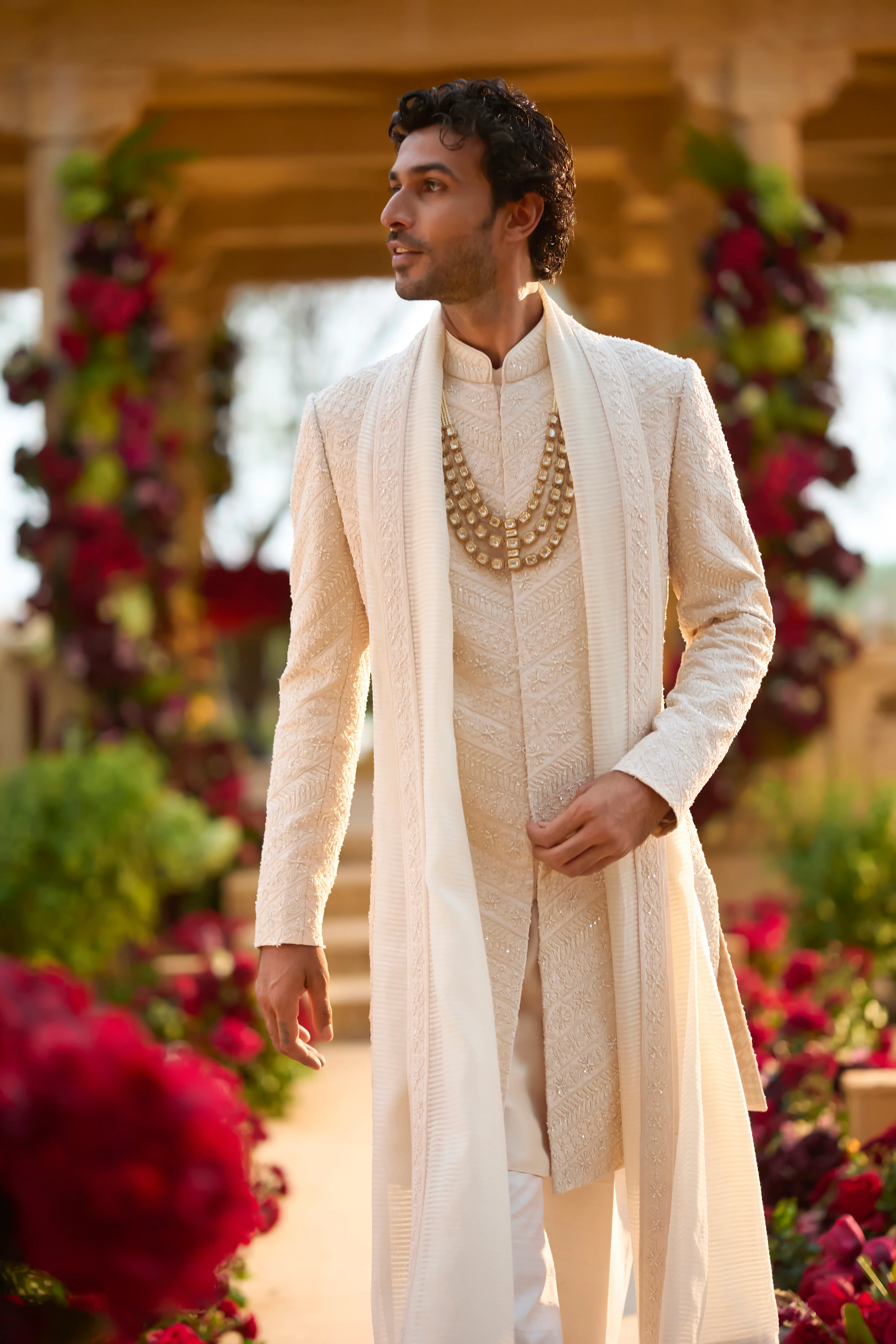 Cream Pearl Sherwani Set - Image 3