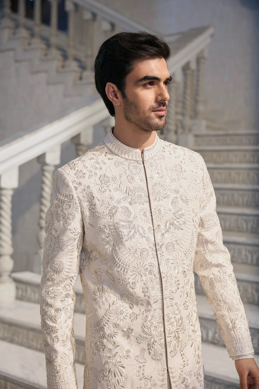 Cream Thread Work Sherwani Set - Image 2