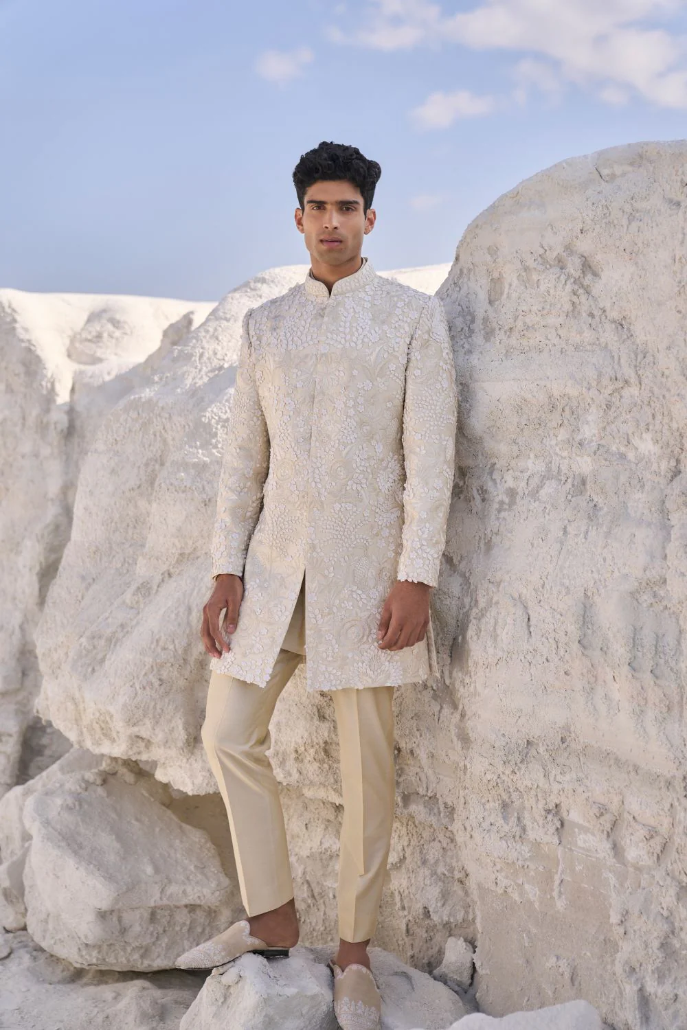 Cream Three Dimensional Floral Sherwani Set - Image 3