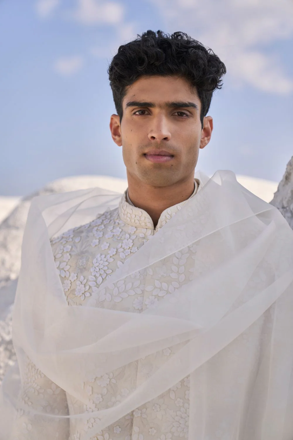Cream Three Dimensional Floral Sherwani Set - Image 4