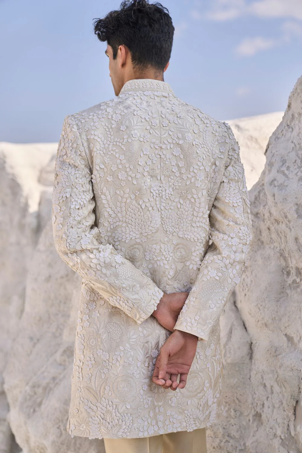 Cream Three Dimensional Floral Sherwani Set - Image 5
