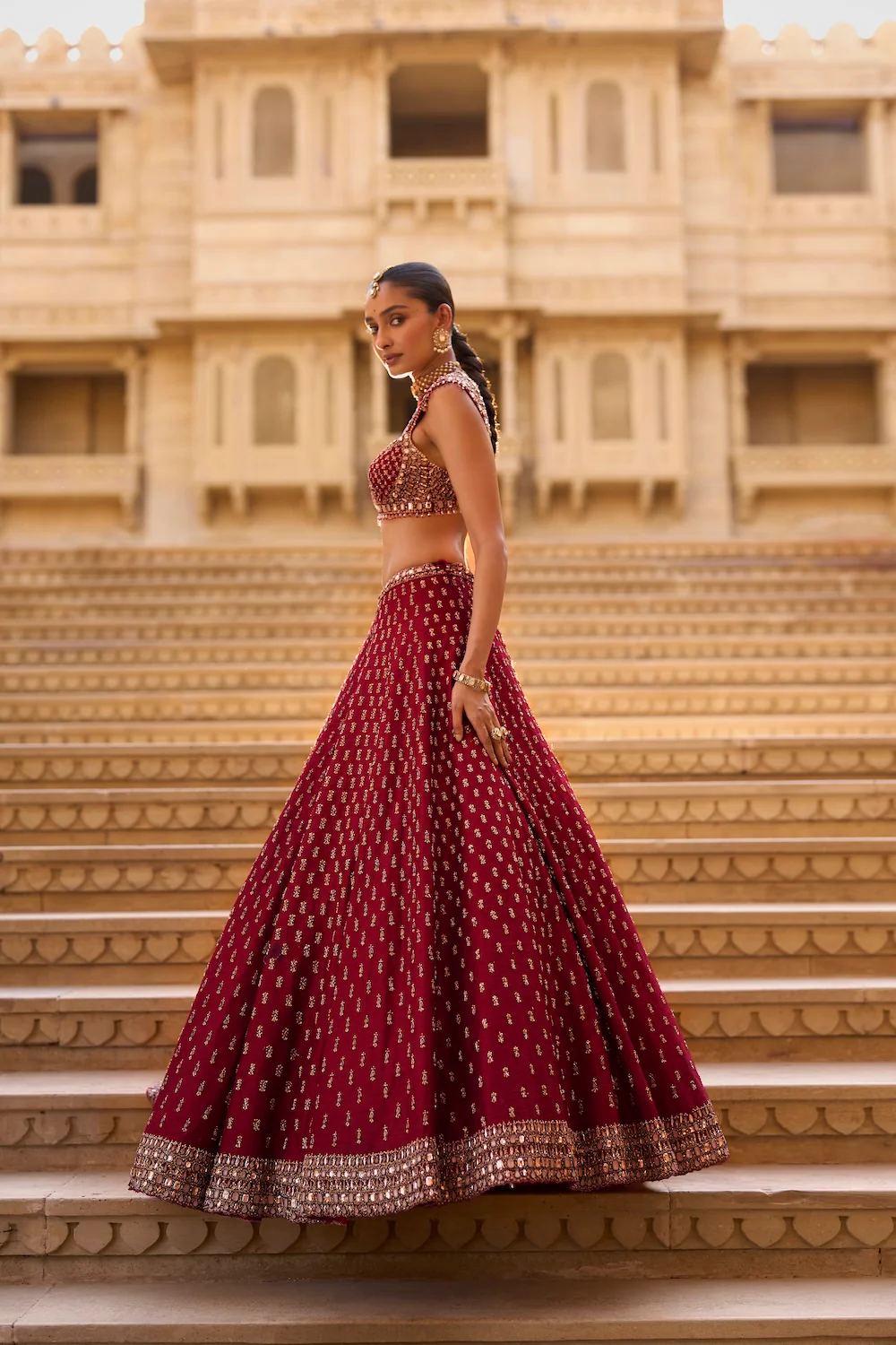 Dark Red Gold Zardosi Lehenga Set - Image 4