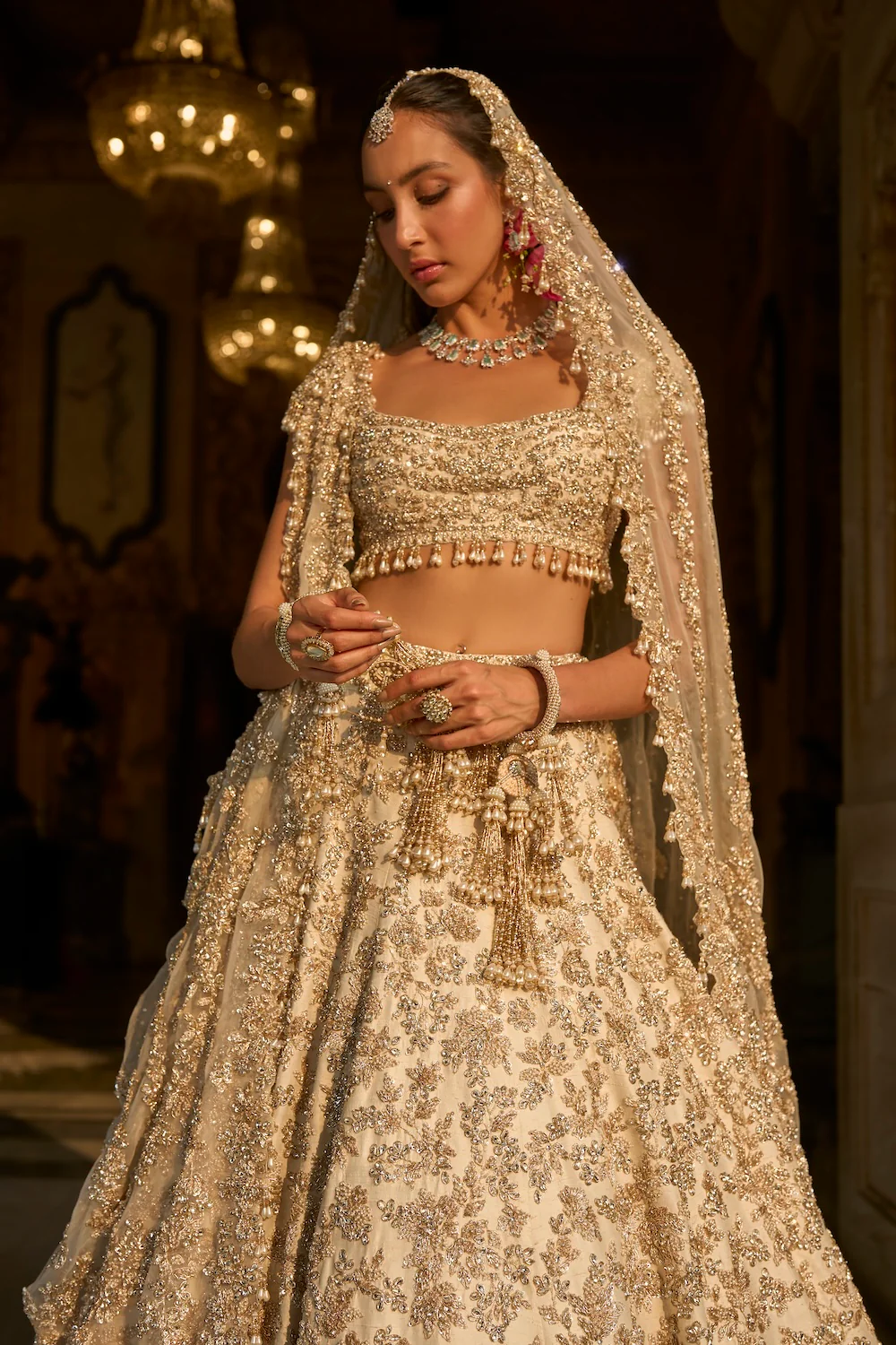 Ivory Gold Floral Zardosi Lehenga Set - Image 3