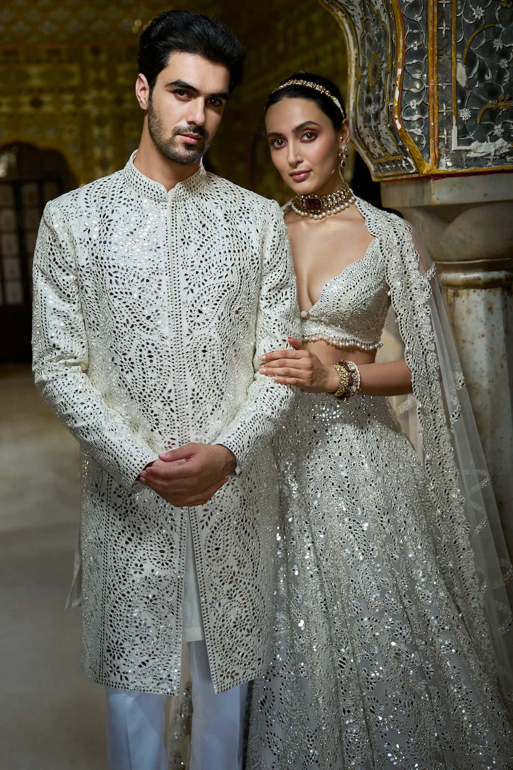 Ivory Mirror Work Sherwani Set - Image 6