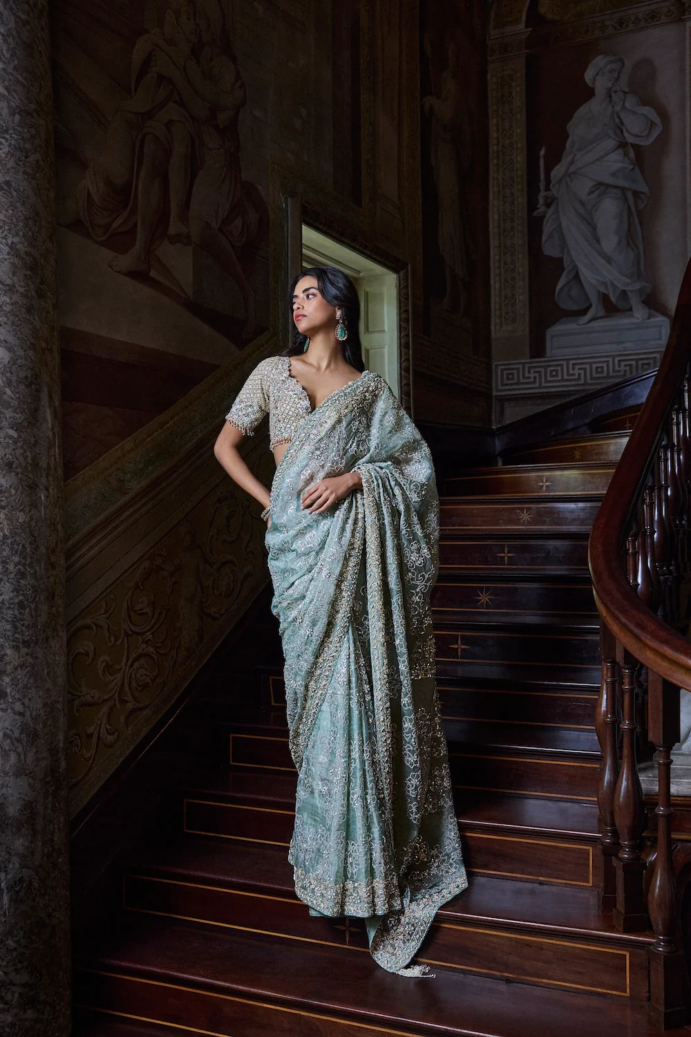 Ivory Sage Zardosi Saree - Image 2