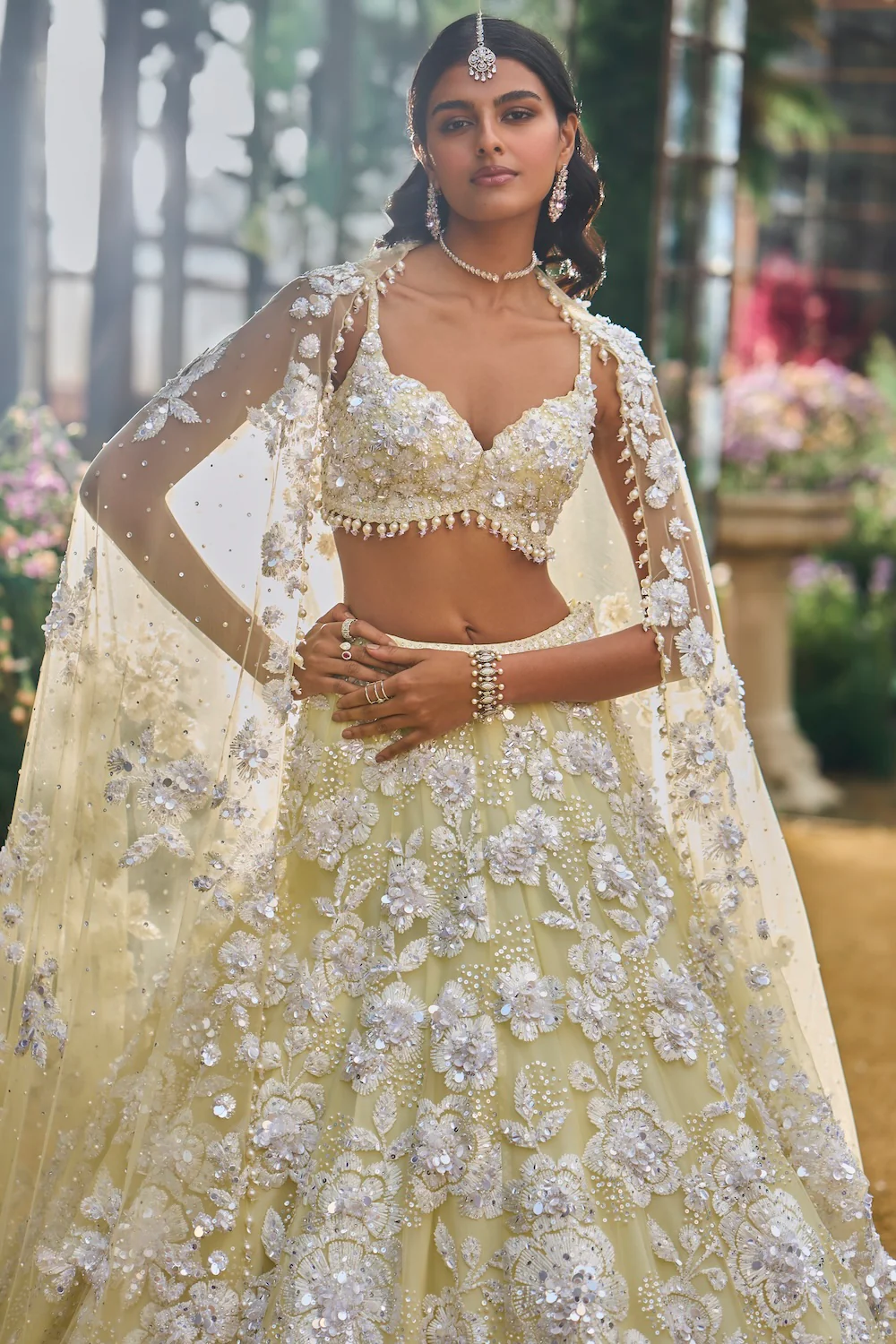 Lime Yellow Floral Lehenga Set - Image 3