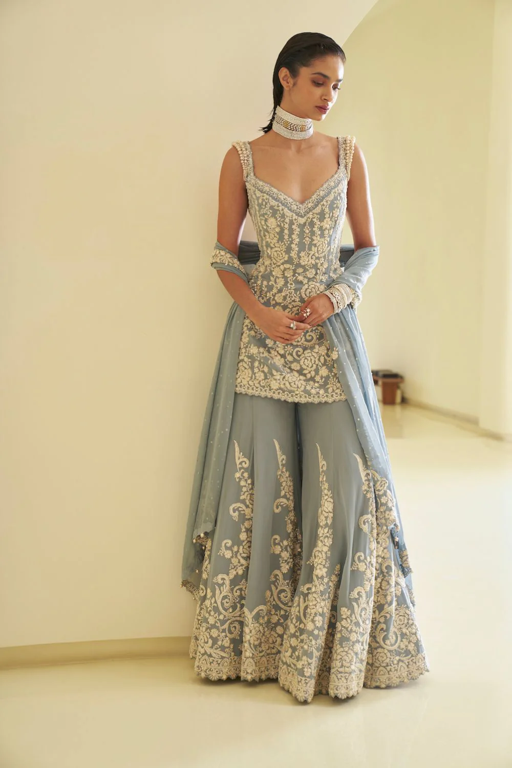 Manushi chillar In Blue Pearl Sharara Set - Image 2