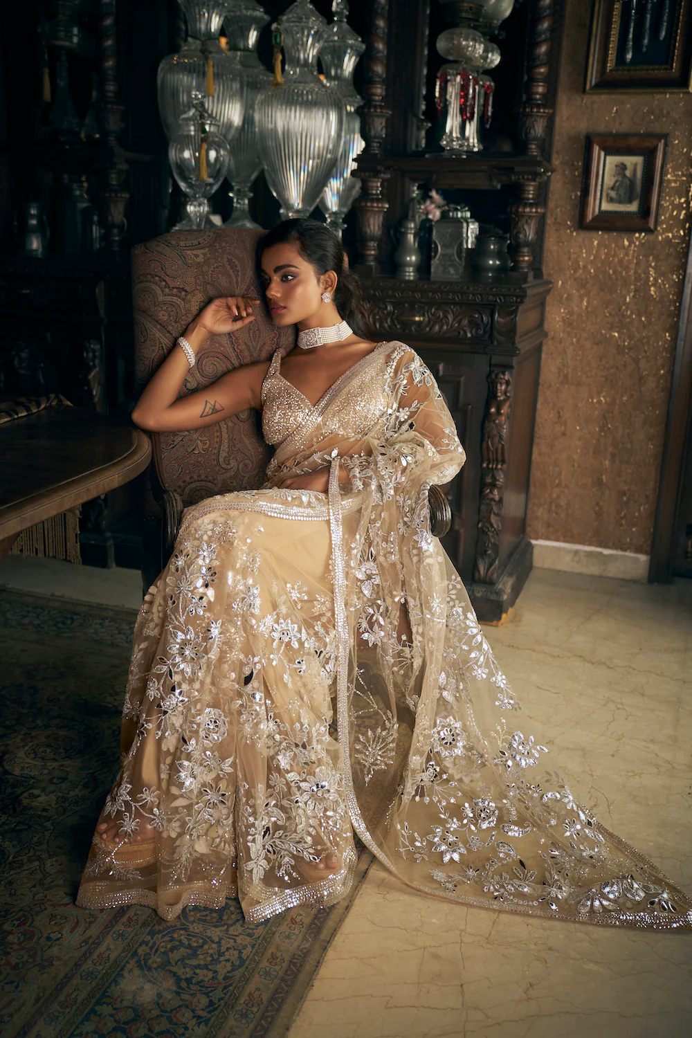 Manushi Chillar In Nude Silver Applique Saree - Image 4