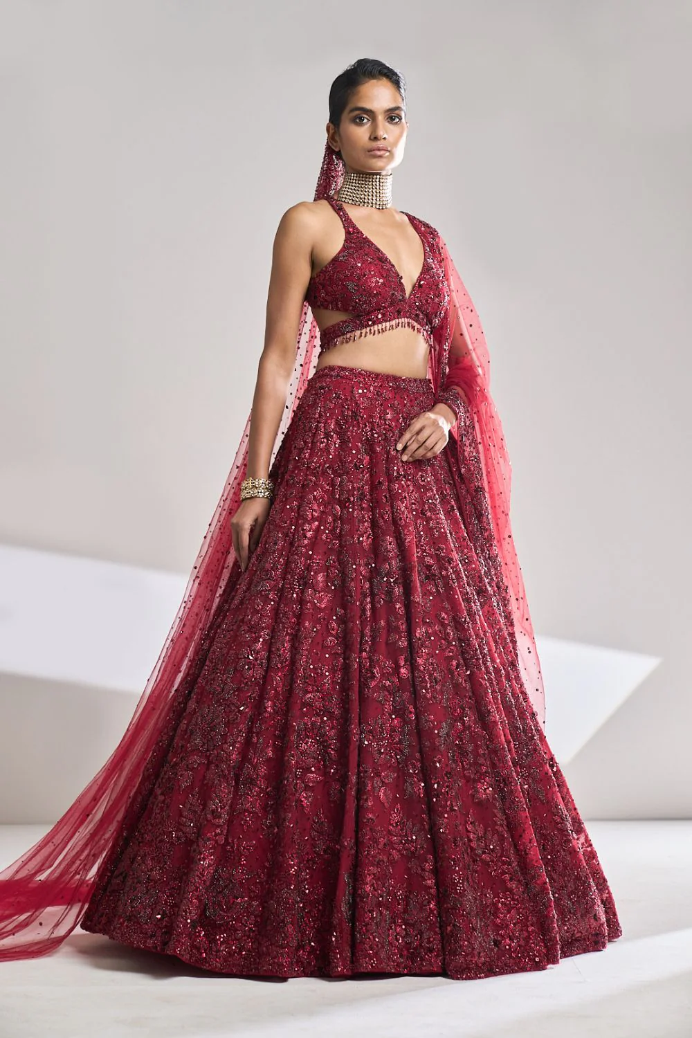 Maroon Sequin Lehenga Set - Image 5