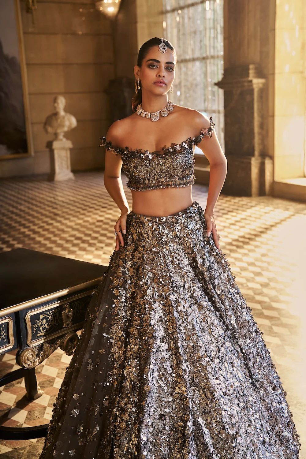 Metallic Silver 3D Lehenga Set - Image 2
