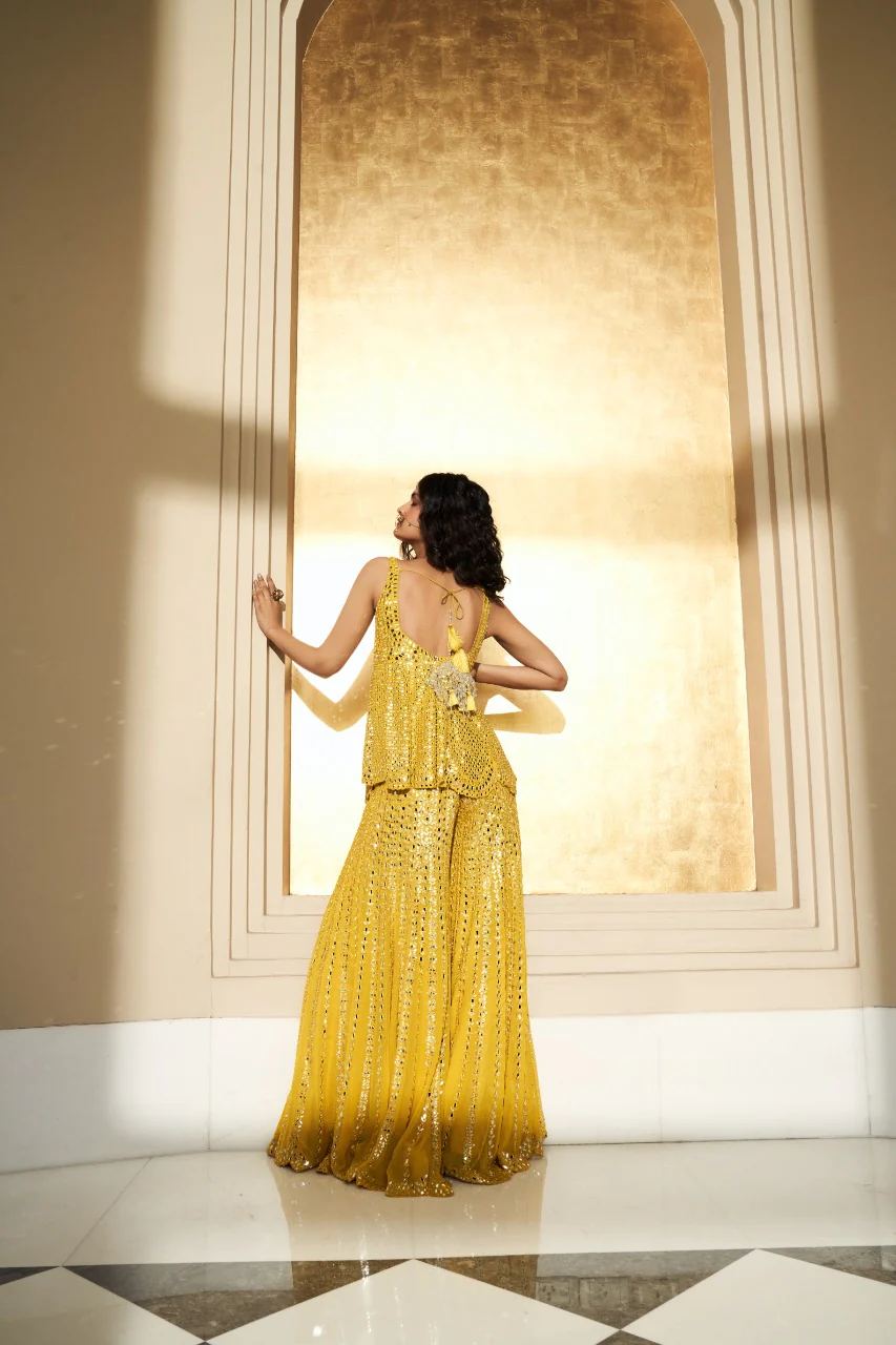 Mustard Yellow Mirror Work Sharara Set - Image 4