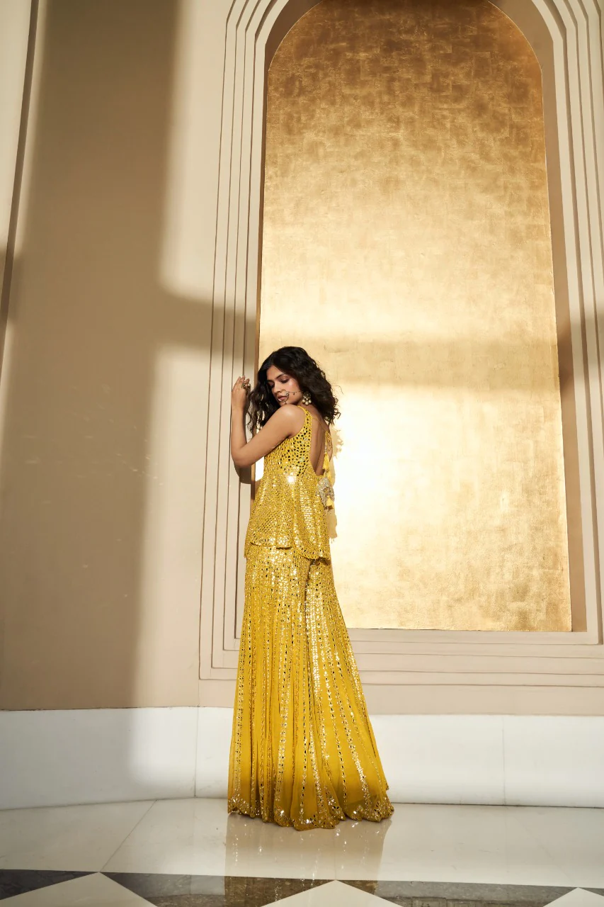 Mustard Yellow Mirror Work Sharara Set - Image 5