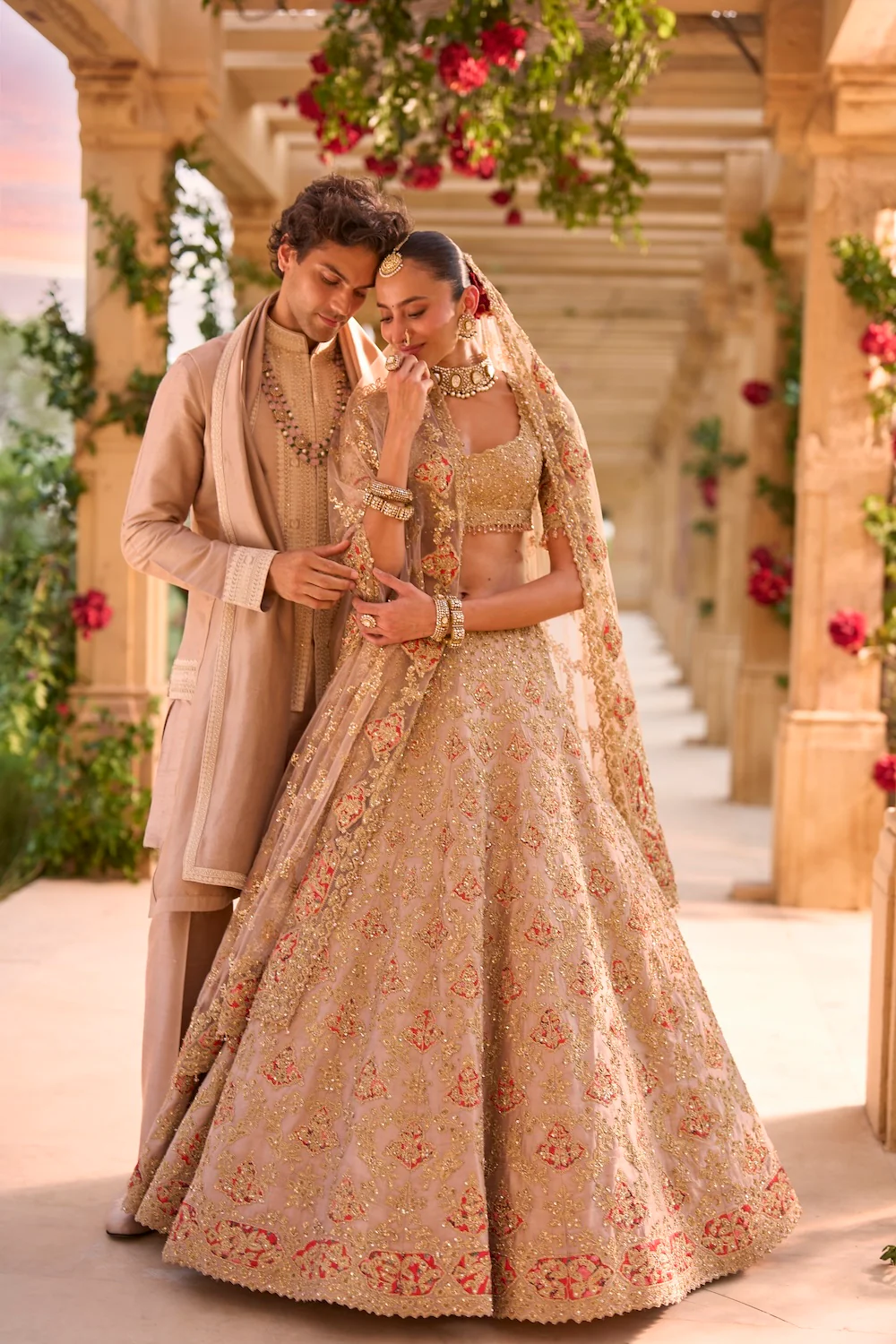 Nude Gold Applique Work Lehenga Set - Image 4