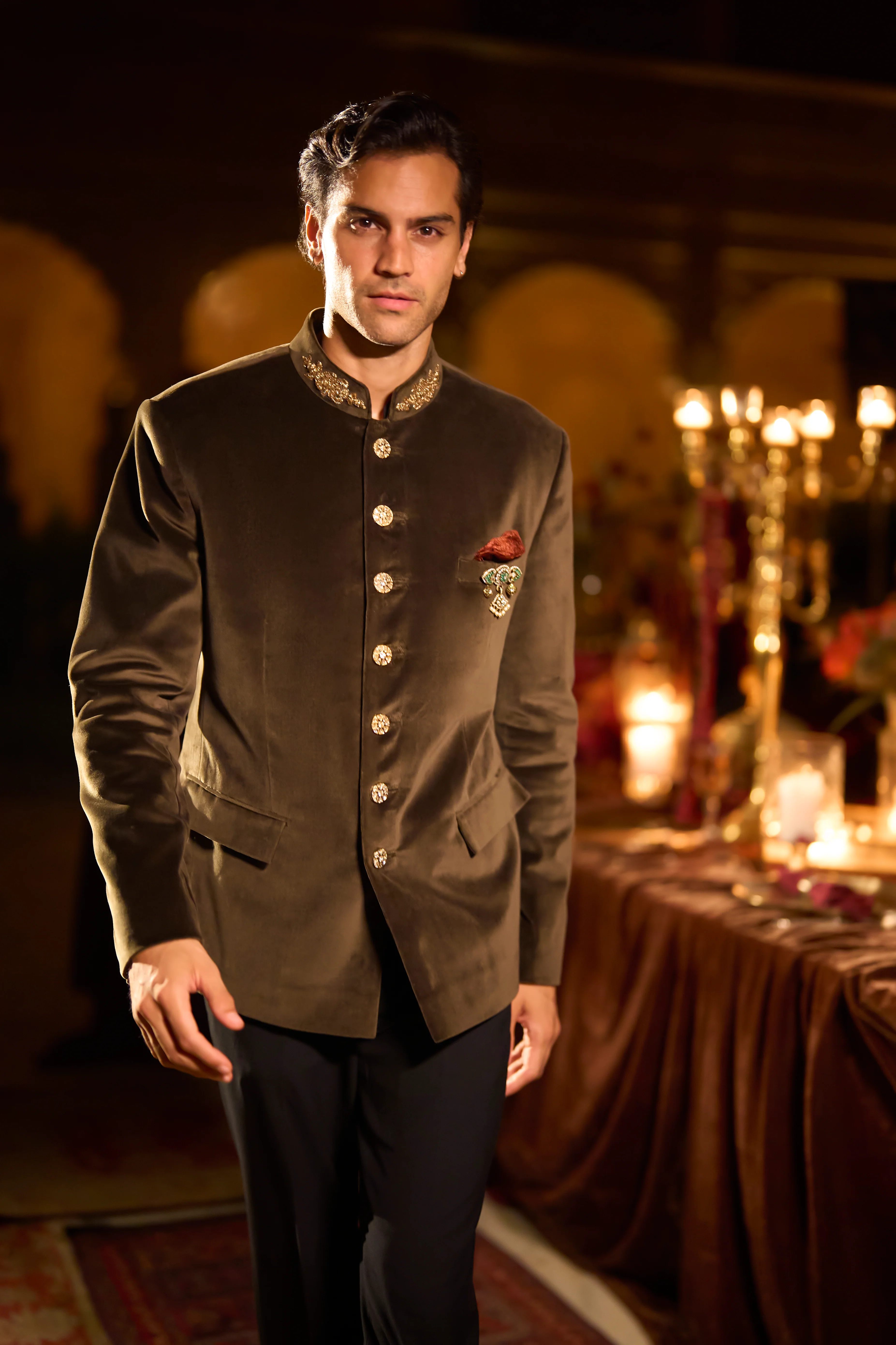 Olive Green Velvet Bandhgala Set - Image 3