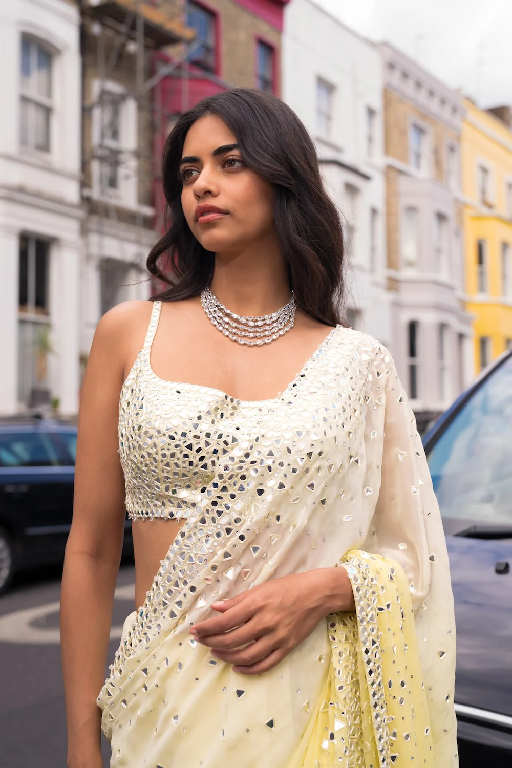 Ombré Lemon Mirror Work Saree - Image 4