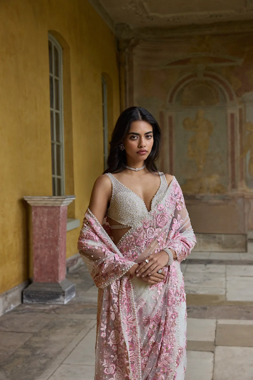 Pastel Pink Thread Work Saree - Image 4