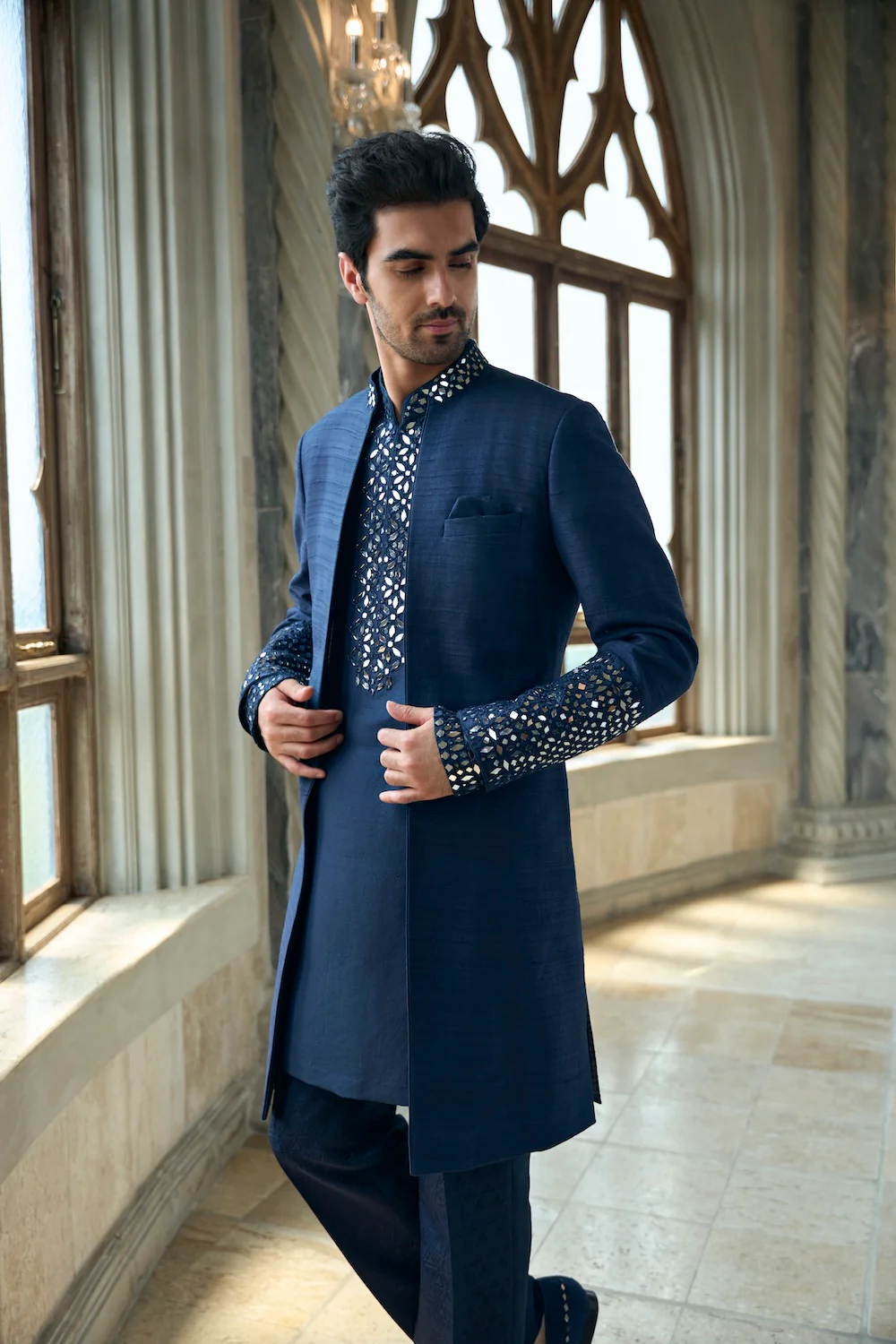 Persian Blue Mirror Open Sherwani Set - Image 3
