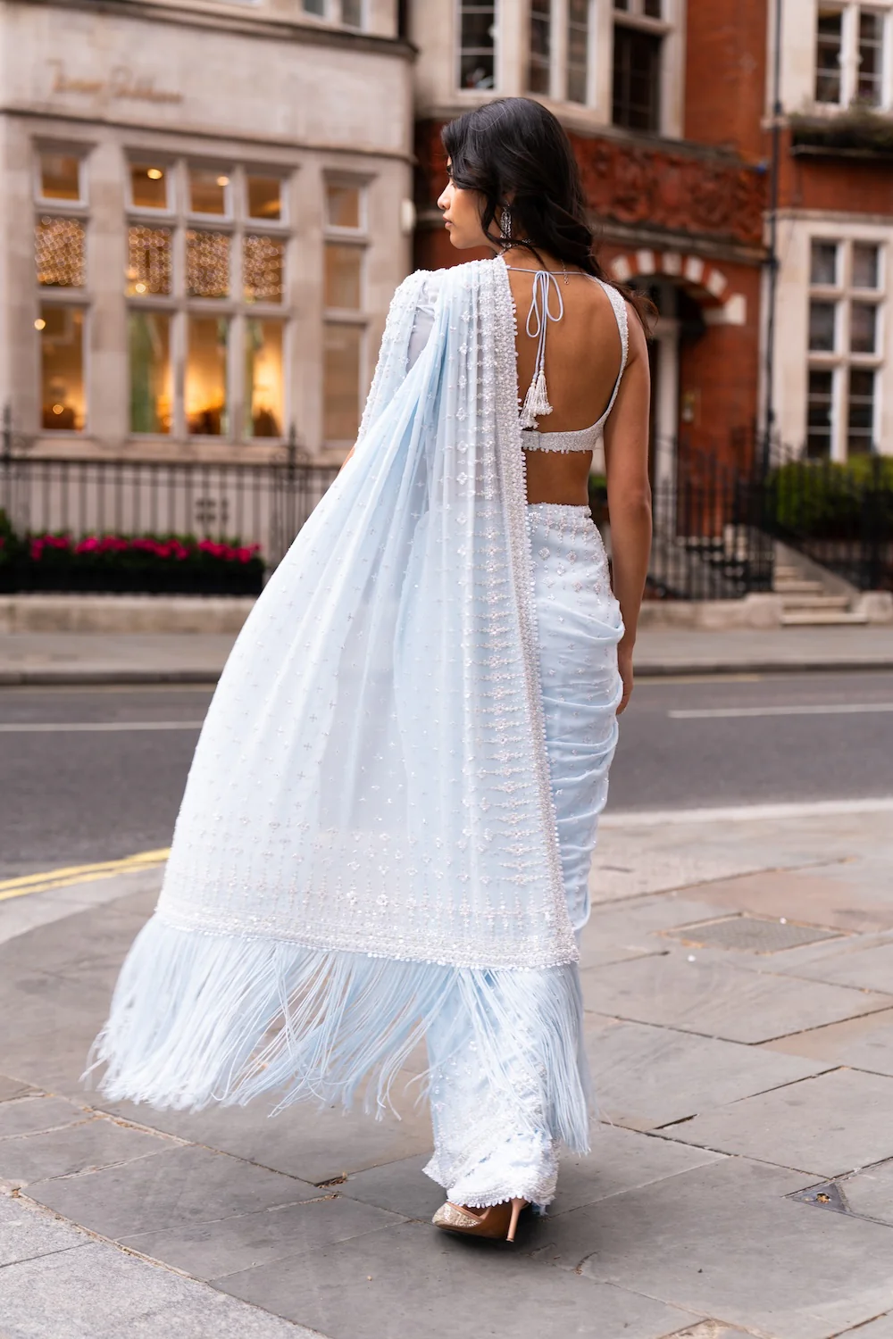 Powder Blue Ombré Sequin Saree - Image 3