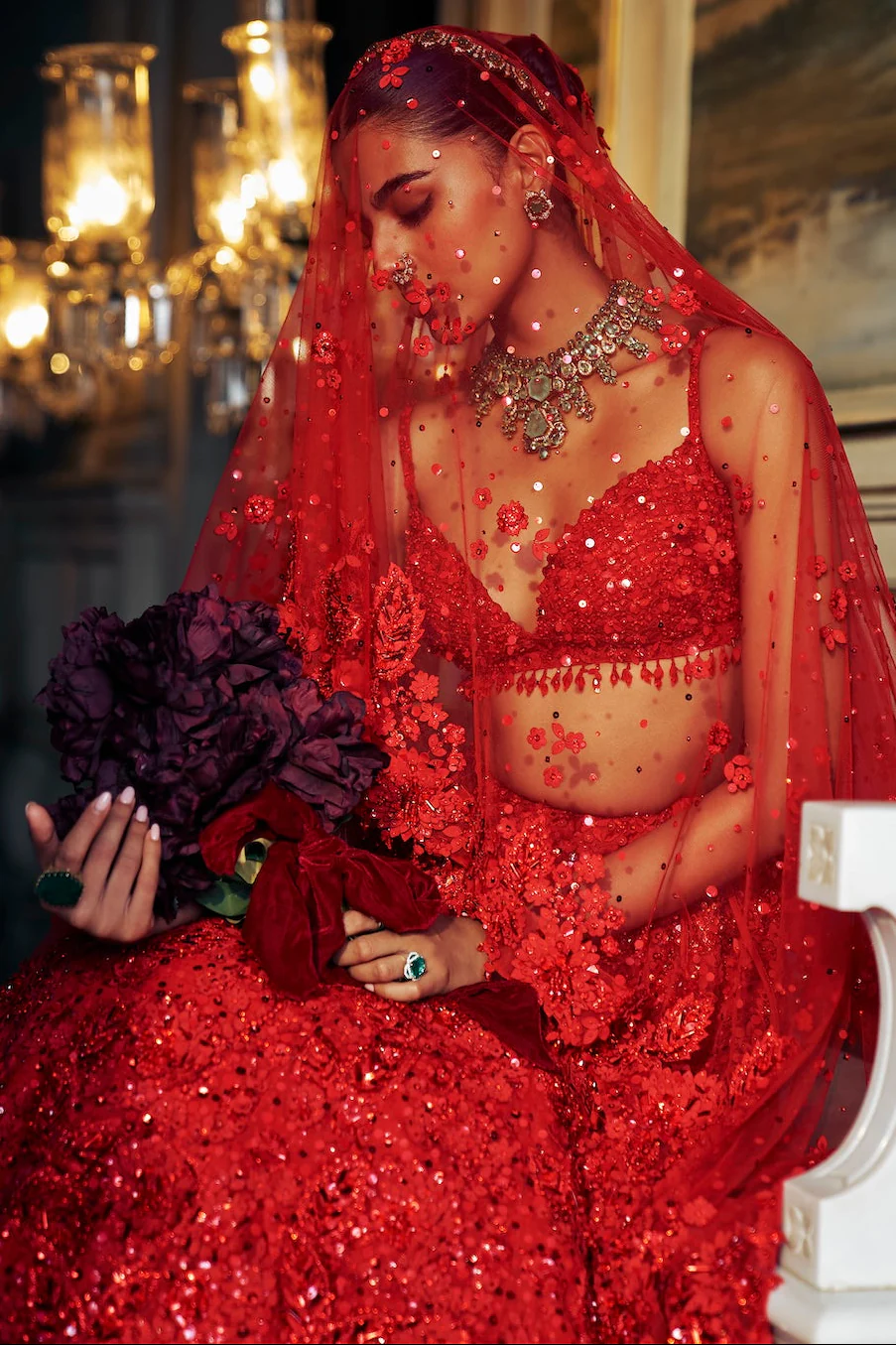 Red Three-Dimensional Floral Lehenga Set - Image 5
