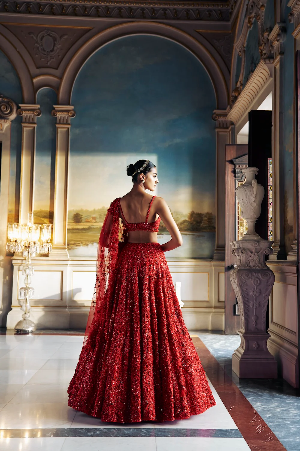 Red Three-Dimensional Floral Lehenga Set - Image 8