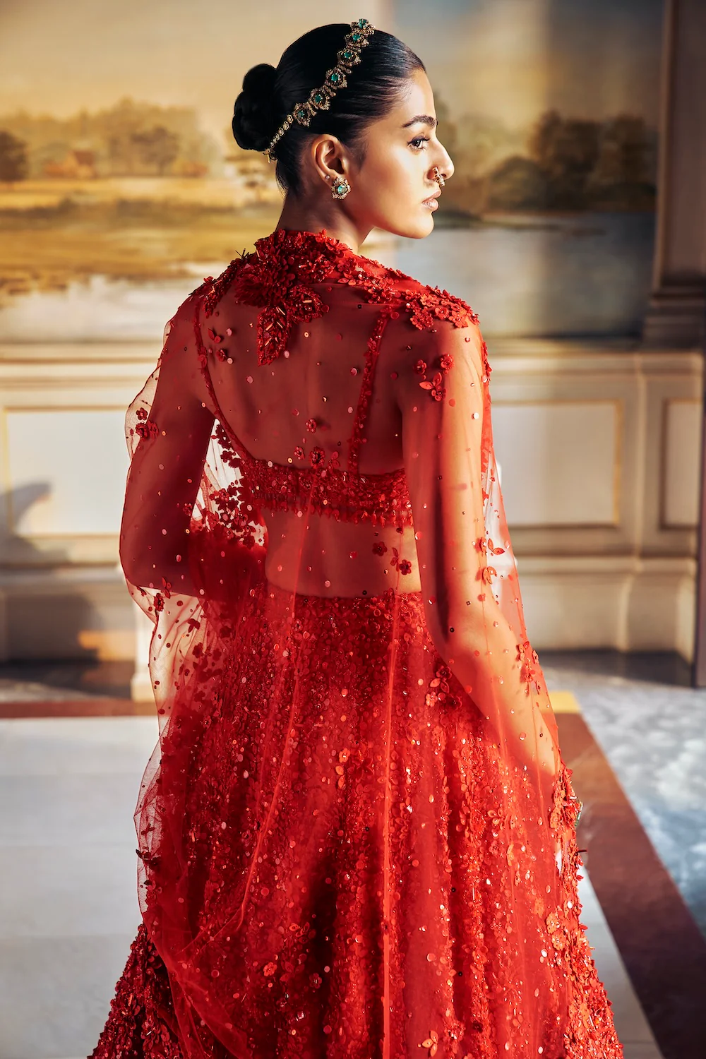 Red Three-Dimensional Floral Lehenga Set - Image 9