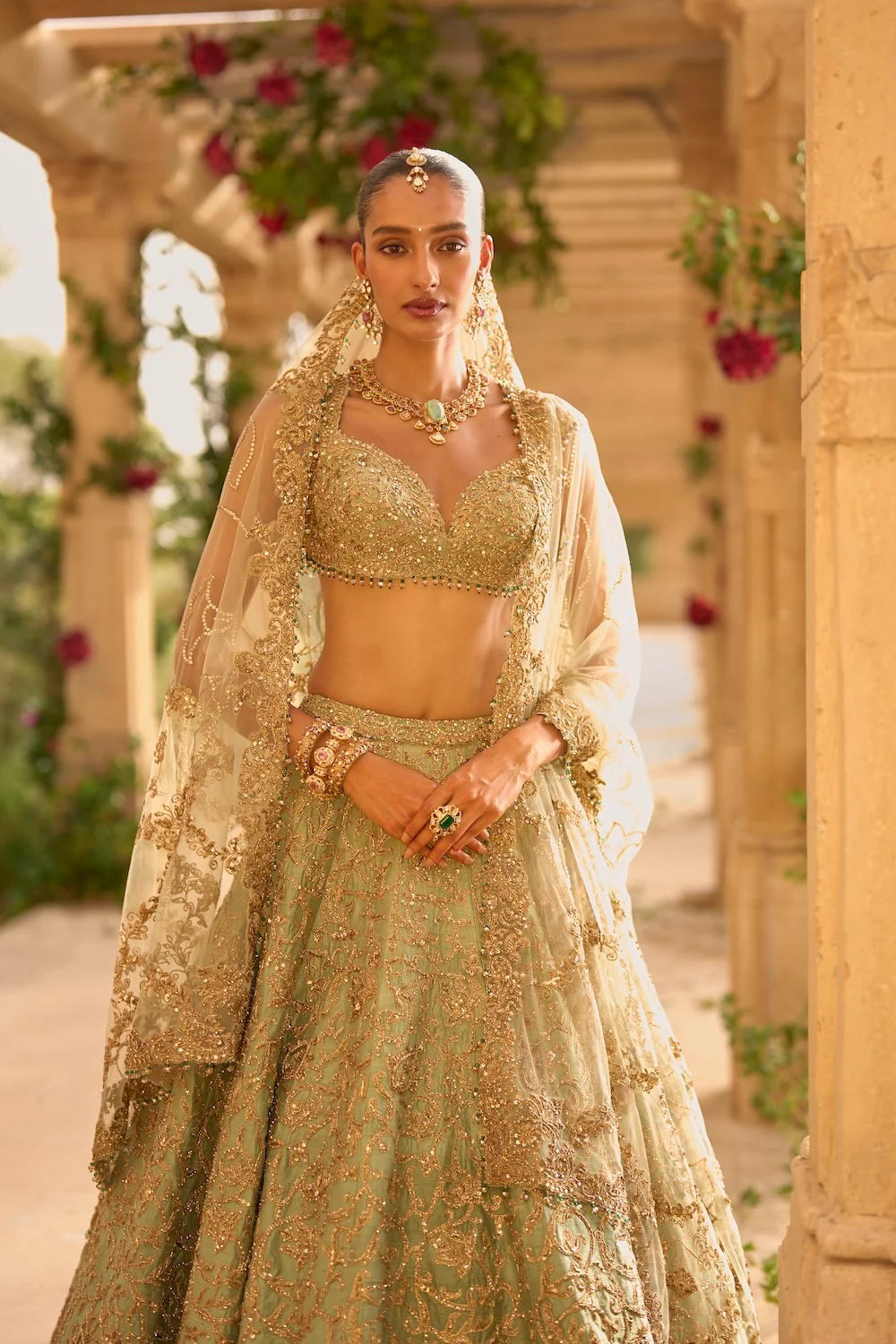 Sage Green Applique Work Lehenga Set - Image 3