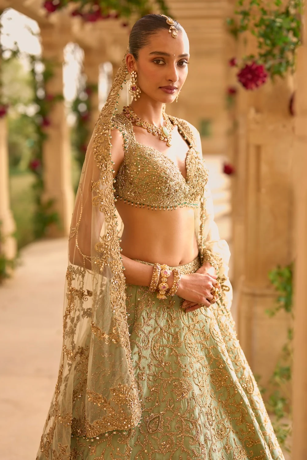 Sage Green Applique Work Lehenga Set - Image 4