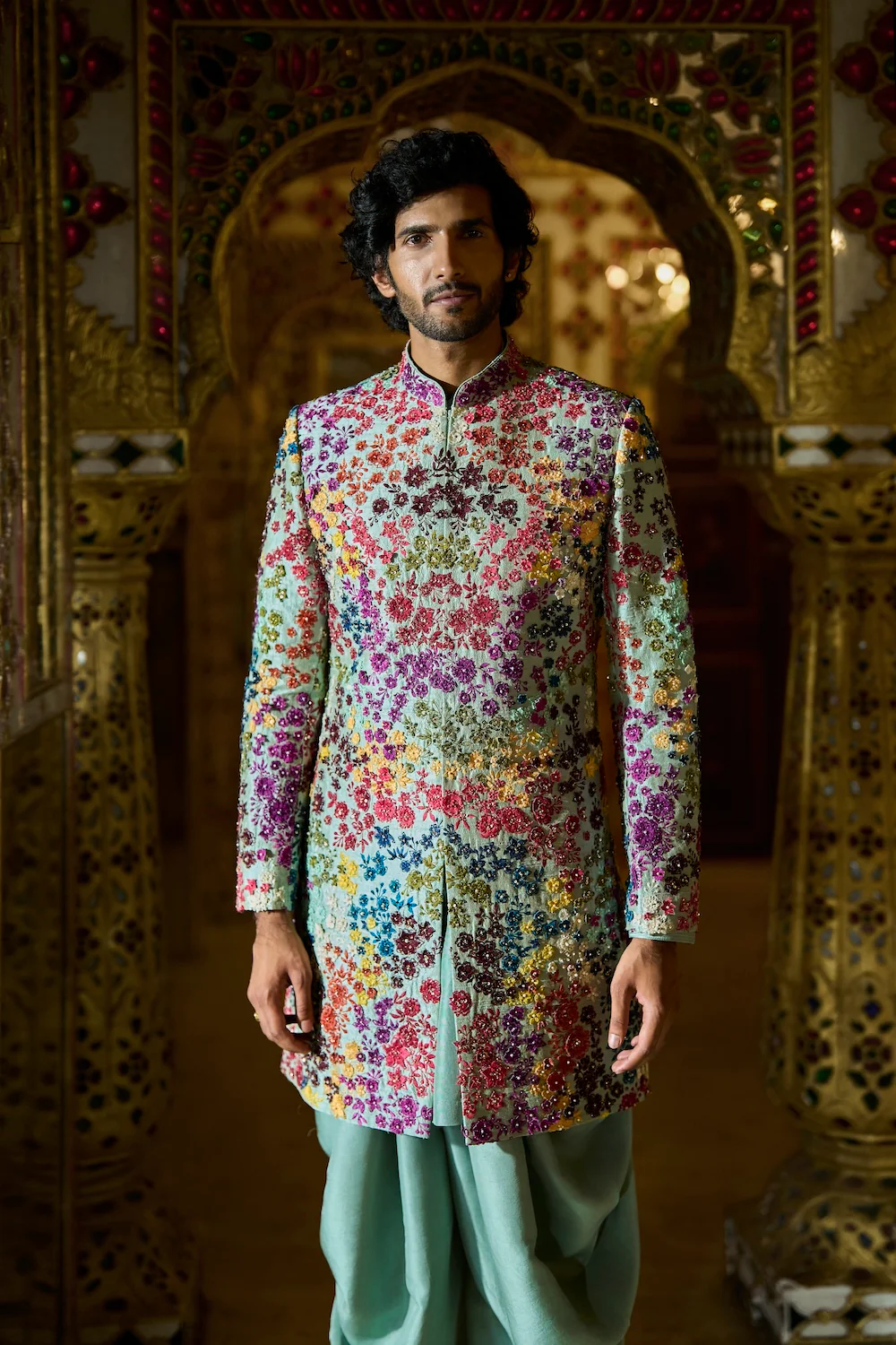 Sage Green Multi-Coloured Three-Dimensional Sherwani Set - Image 3