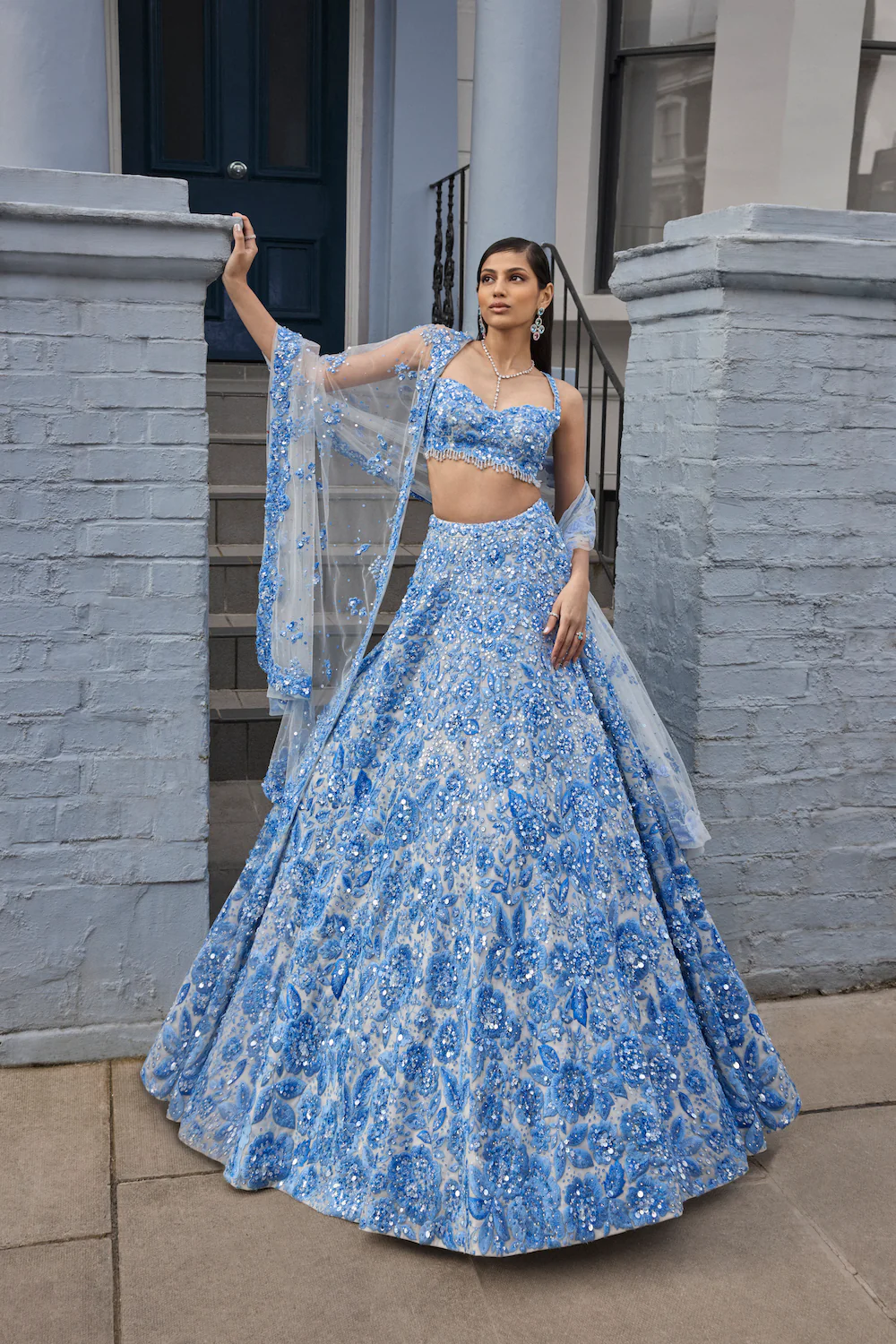 Sara Tendulkar In Powder Blue Floral Lehenga Set - Image 4