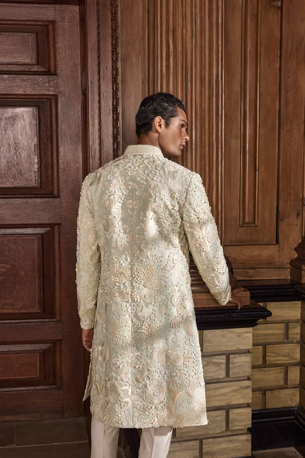 Sea Green Three Dimensional Floral Sherwani Set - Image 3