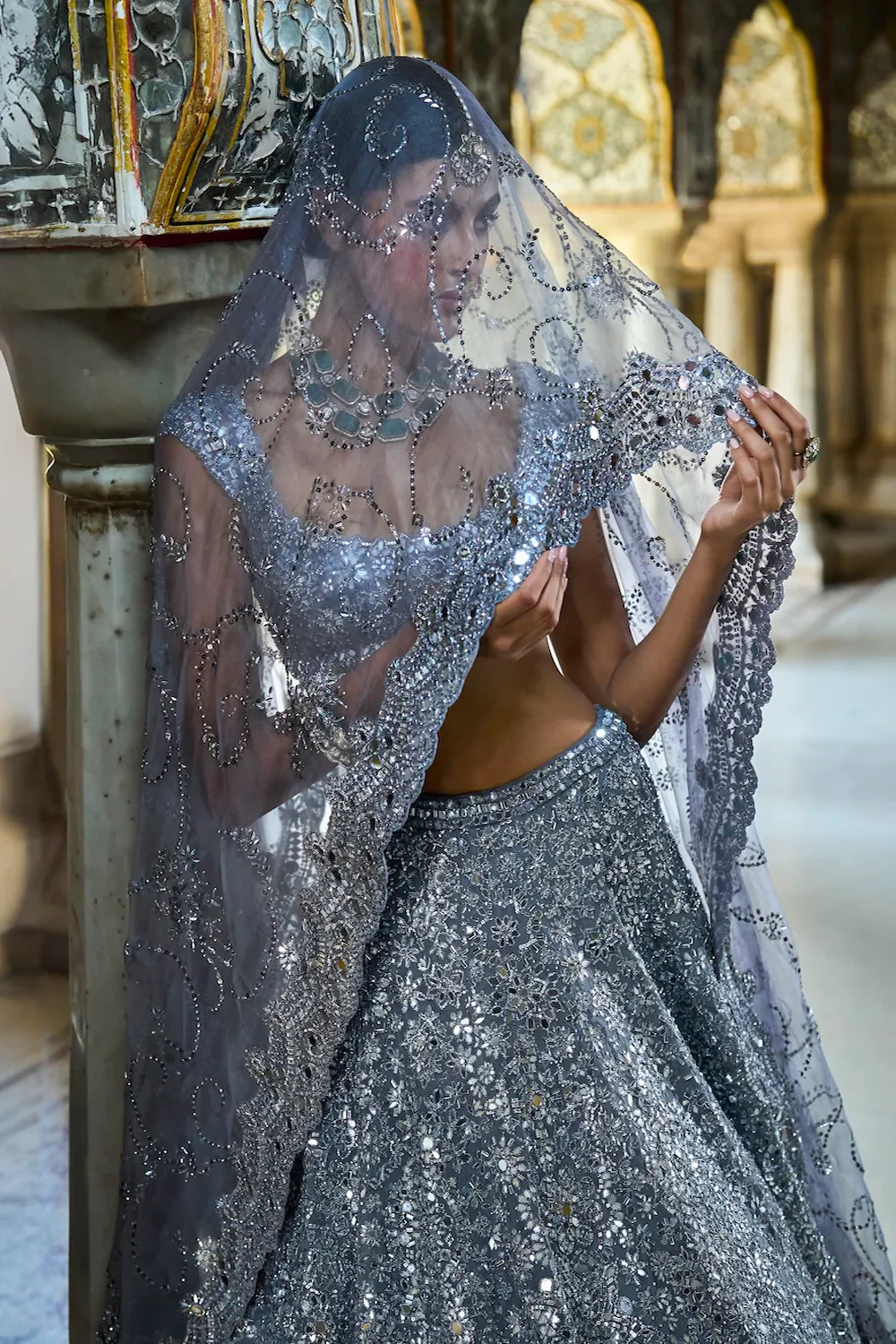 Steel Grey Mirror Work Lehenga Set - Image 4