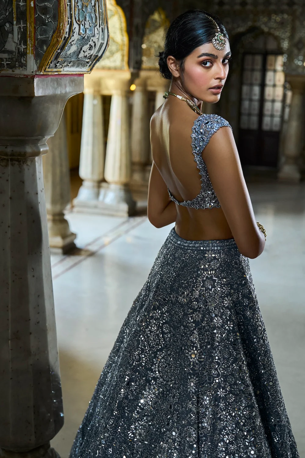 Steel Grey Mirror Work Lehenga Set - Image 6
