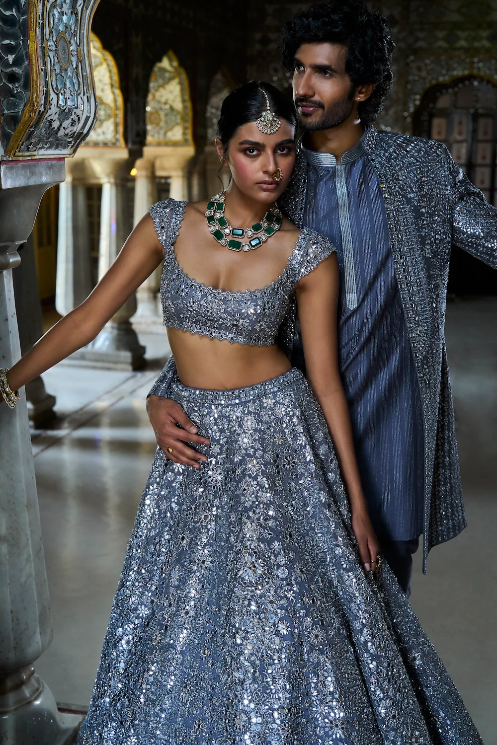 Steel Grey Mirror Work Open Jacket Set - Image 4