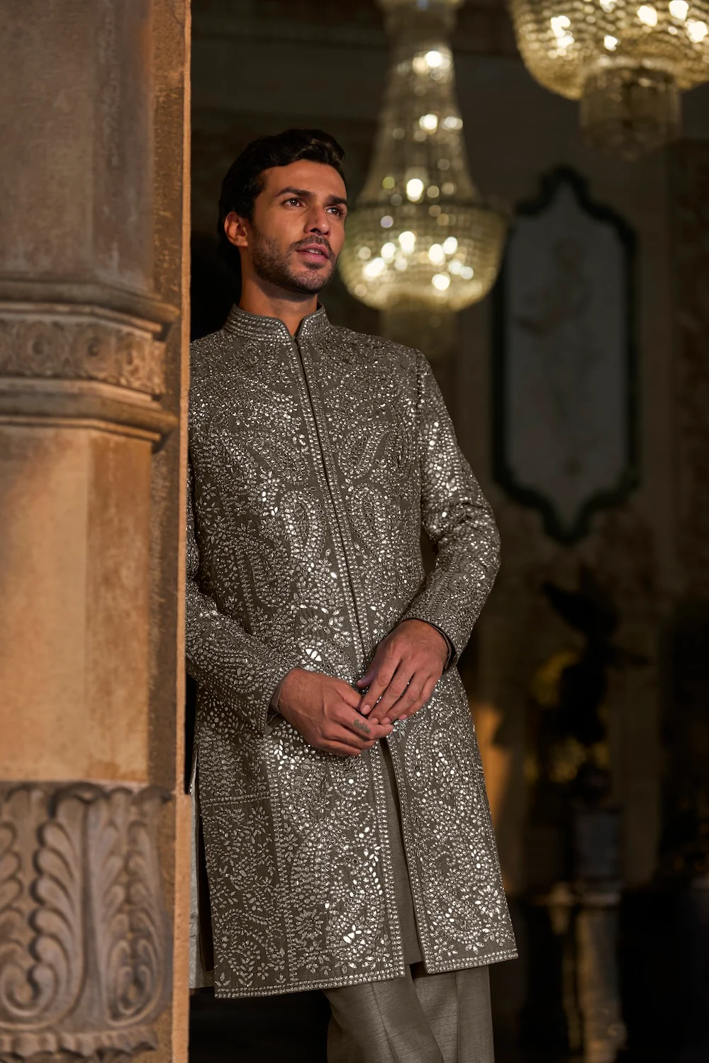 Ash Grey Mirror Work Sherwani Set - Image 3