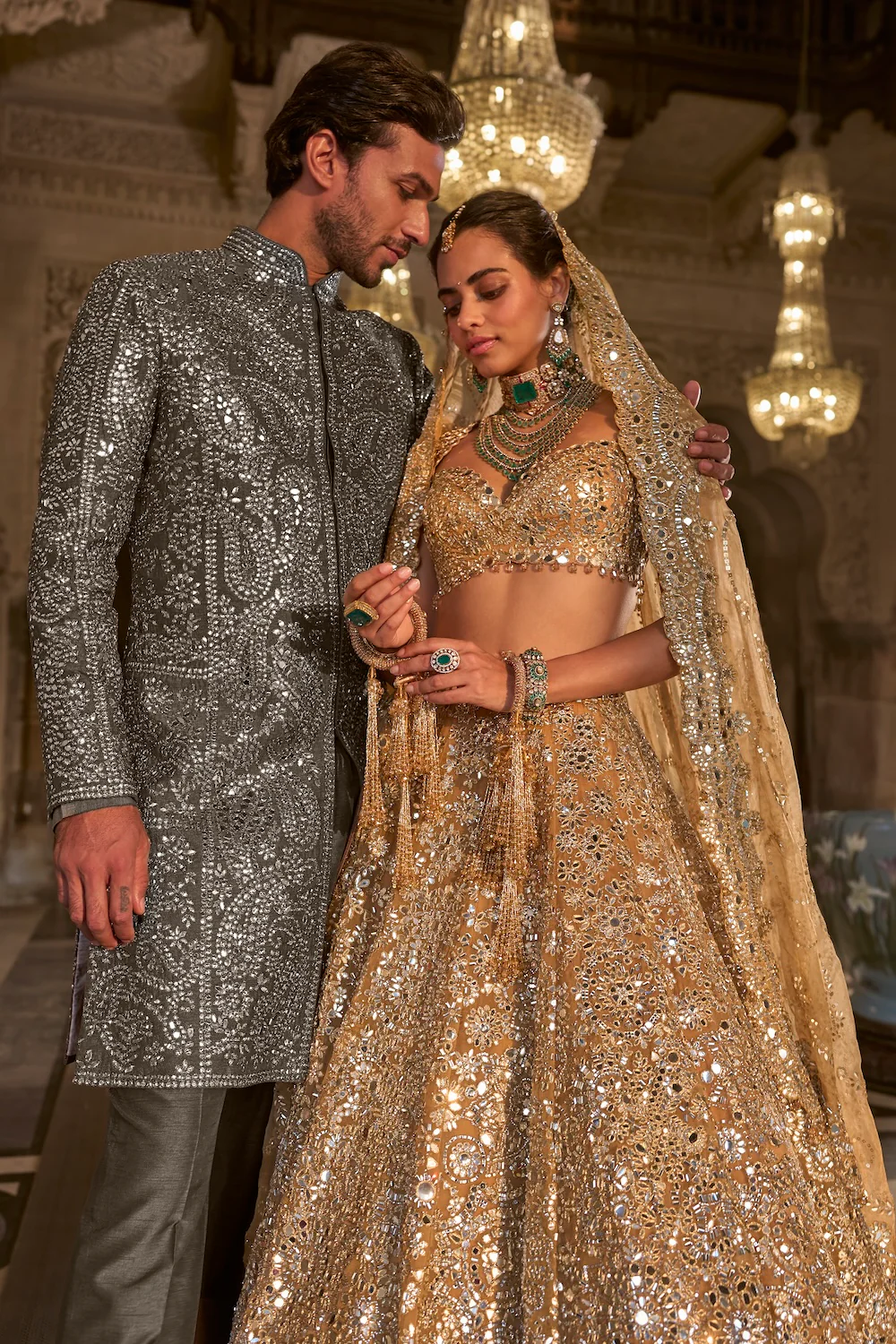 Ash Grey Mirror Work Sherwani Set - Image 4
