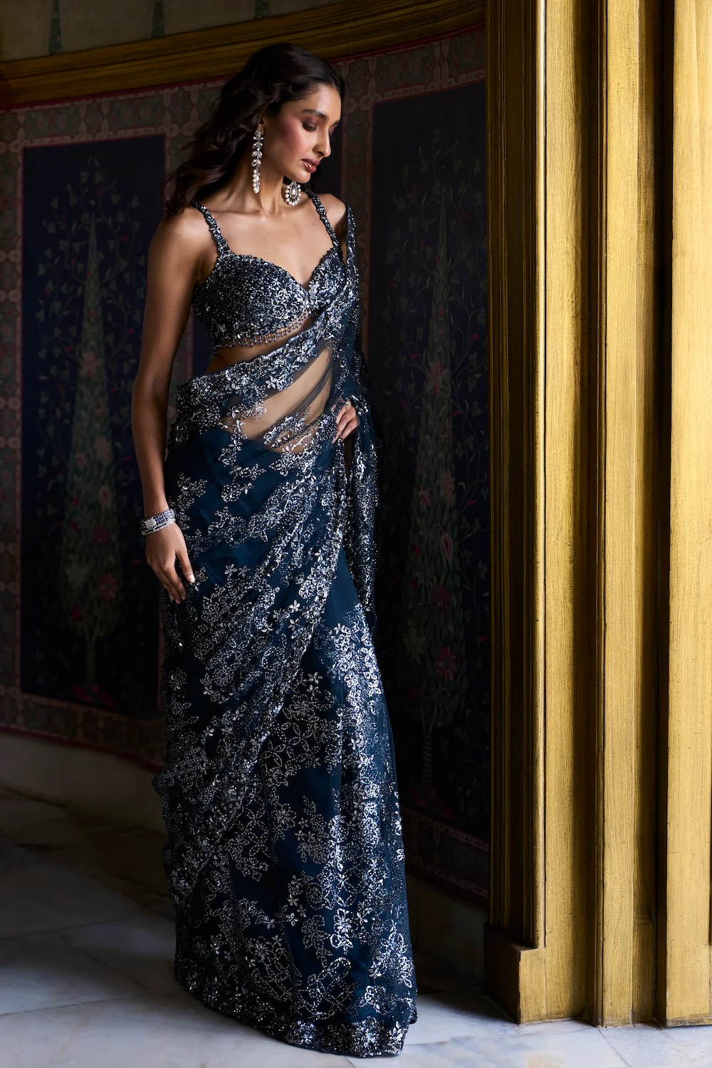 Teal Blue Sequin Saree - Image 2